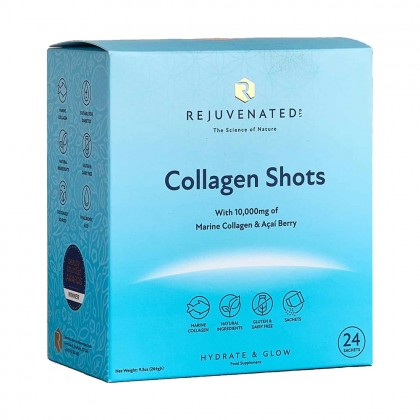 Rejuvenated СOLLAGEN SHOTS 10,000 mg na porcję - Kolagen do picia dla pięknej skóry z jagodami Acai, 24 oddzielne saszetki